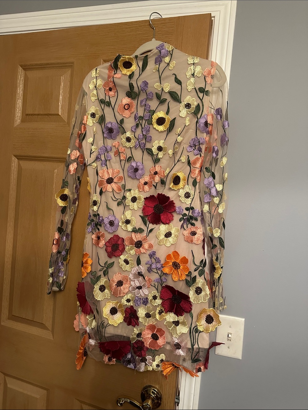 Sheer Long Sleeve Floral Appliqué Dress - Multi